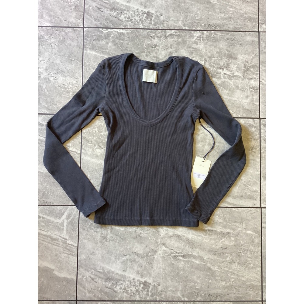 Citizens of Humanity Anouk Long Sleeve V-Neck Ribbed Top Charcoal Grey 9285-3004